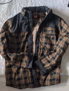 Men's Plaid Sherpa-Lined Shirt Jacket - Black & Brown